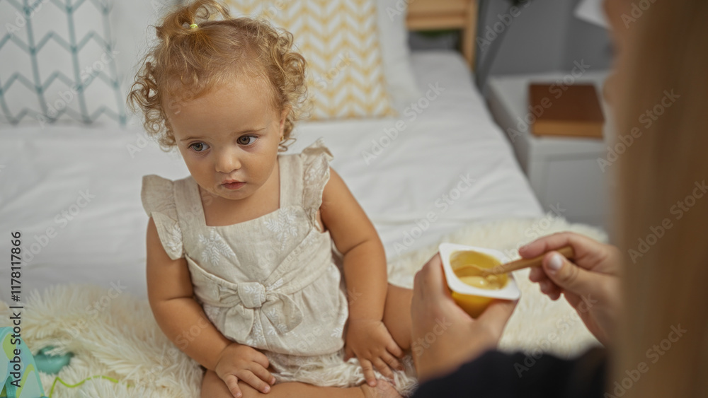 Toddler girl sits on bed in bedroom while woman's hand holds a spoon feeding her, creating a warm family moment indoors Toddler girl sits on bed in bedroom while woman's hand holds a spoon feeding her, creating a warm family moment indoors
