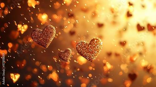 Happy Valentine's Day background Hearts Decorative Romantic Sparkling hearts in a dreamy golden backdrop. photo