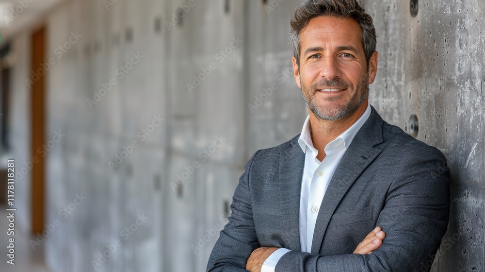 Portrait of a Confident Middle-Aged Man Standing Against a Modern Concrete Wall, Dressed in a Sharp Gray Suit and White Shirt, Exuding Professionalism and Warmth in an Urban Setting Portrait of a Confident Middle-Aged Man Standing Against a Modern Concrete Wall, Dressed in a Sharp Gray Suit and White Shirt, Exuding Professionalism and Warmth in an Urban Setting
