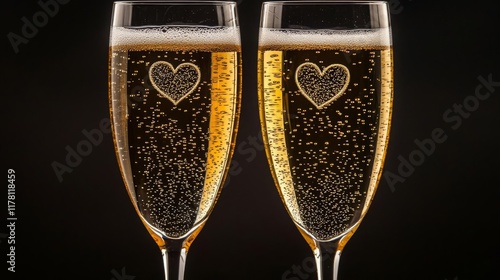 Happy Valentine's Day background Hearts Decorative Romantic Champagne glasses with heart designs and bubbles. photo