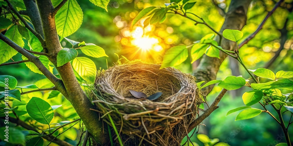 Spring Forest Bird's Nest Hidden in Tree Trunk Hollow - Camouflaged by Green Leaves Spring Forest Bird's Nest Hidden in Tree Trunk Hollow - Camouflaged by Green Leaves