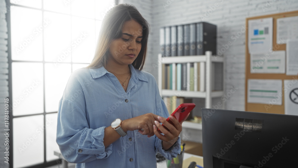Young woman using smartphone in an office environment with shelves, binders, and a corkboard in the background, wearing casual blue shirt and accessorized with a wristwatch Young woman using smartphone in an office environment with shelves, binders, and a corkboard in the background, wearing casual blue shirt and accessorized with a wristwatch