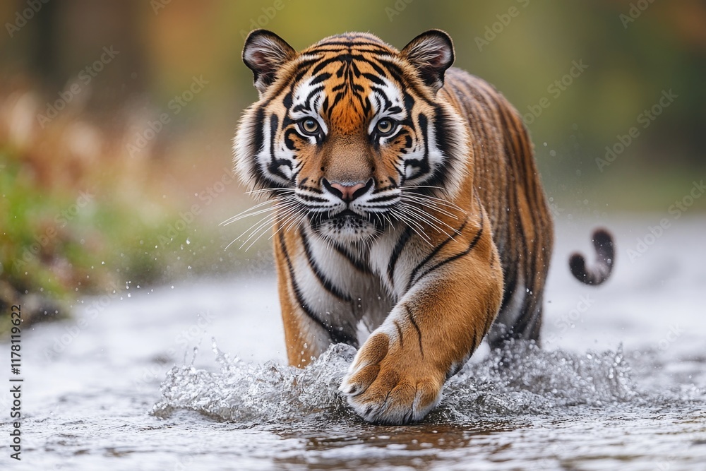 Obraz premium A tiger runs through calm water, its fur glistening with wetness