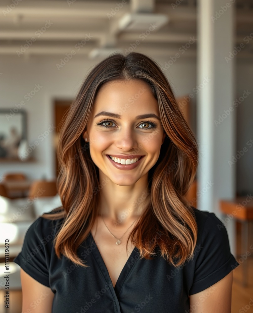 Smiling Young Woman with Long Brown Hair in Modern Office Setting Smiling Young Woman with Long Brown Hair in Modern Office Setting