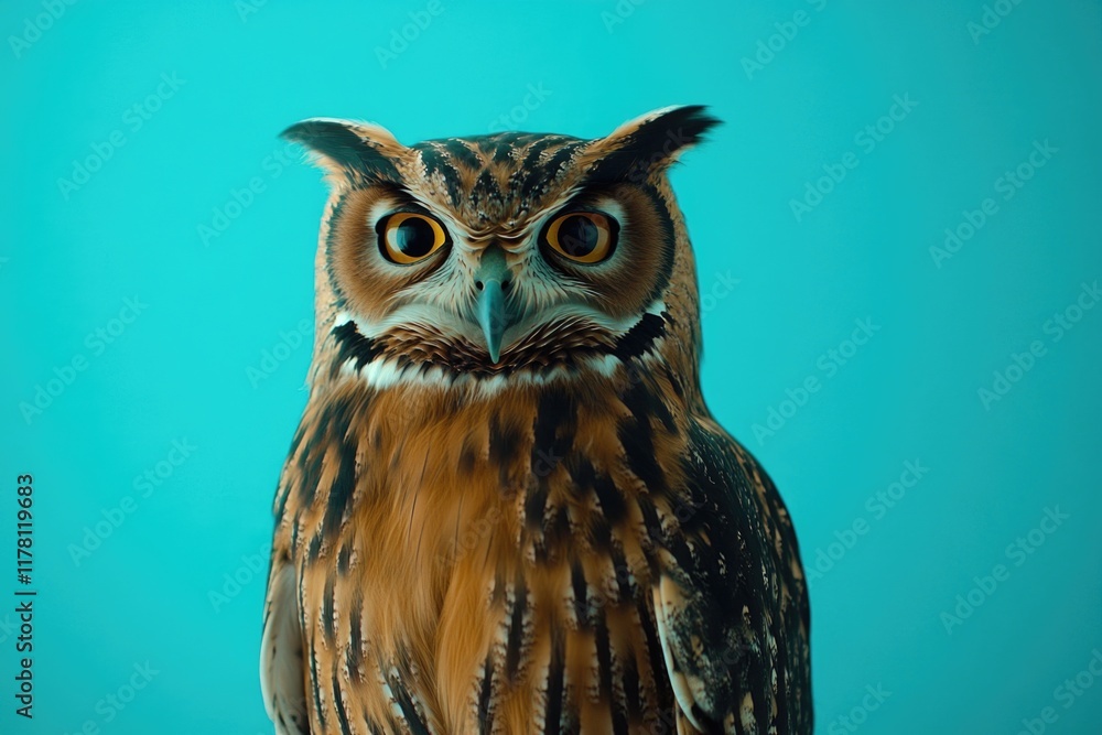 Obraz premium Close-up image of an owl sitting on a blue background, great for wildlife or nature-themed designs