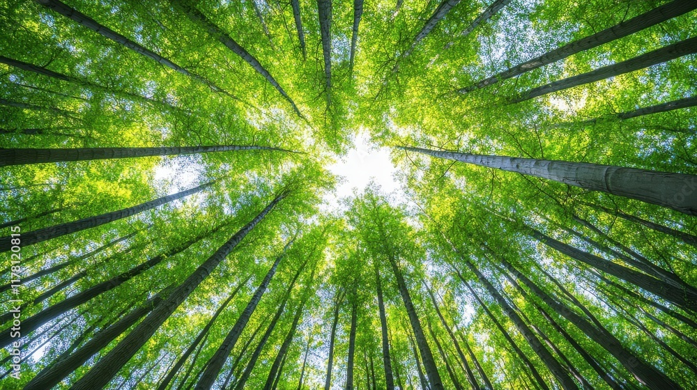 A wide-angle view of a forest filled with various tall trees in full summer growth, their branches reaching up to the sky, surrounded by lush green grass and a serene atmosphere. A wide-angle view of a forest filled with various tall trees in full summer growth, their branches reaching up to the sky, surrounded by lush green grass and a serene atmosphere.