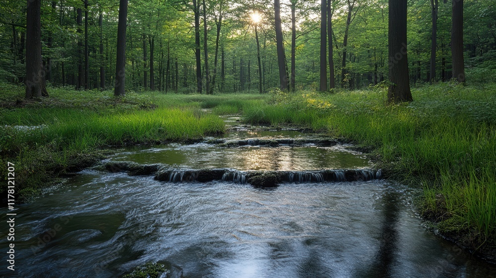 A serene forest stream flows gently over rocks as sunlight filters through the dense canopy, creating a tranquil and picturesque natural scene A serene forest stream flows gently over rocks as sunlight filters through the dense canopy, creating a tranquil and picturesque natural scene