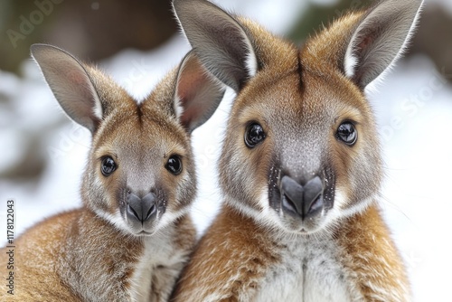 Close-up shot of two kangaroos standing together in a snowy environment, offering a unique winter wildlife scene photo