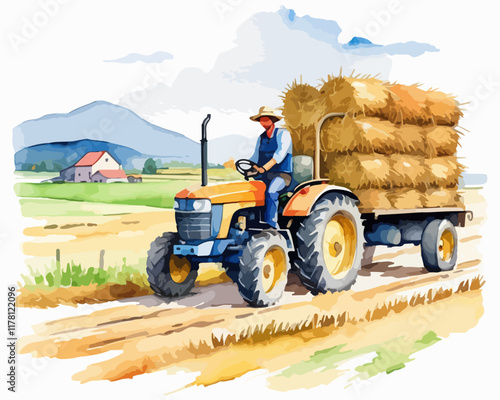 Watercolor hand drawn painting of a Farmer driving tractor with hay stack on trailer. Vector illustration  isolated on white background. 