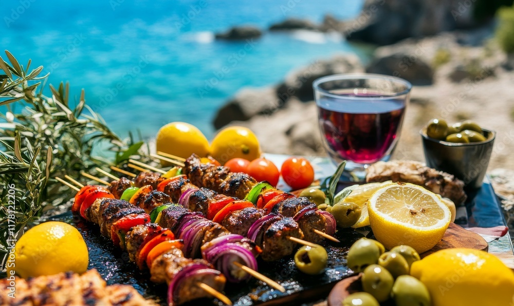 Fototapeta premium A vibrant sea view picnic with freshly grilled skewers of meat and vegetables, accompanied by olives and lemon.