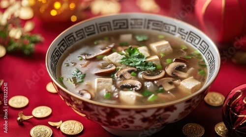 A steaming bowl of nourishing Chinese soup with mushrooms, tofu, and herbs, placed on a red tablecloth adorned with Chinese New Year symbols like lanterns and gold coins.