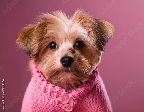 domestic dog in a fluffy pink sweater banner spase for text photo