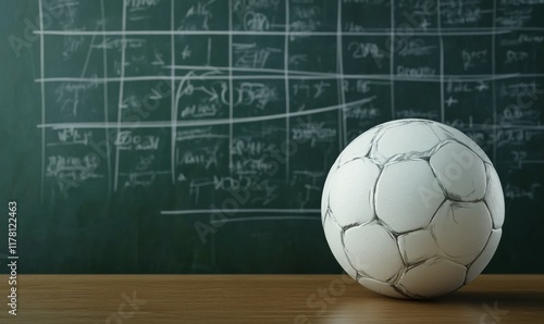 A white soccer ball on top of a black chalkboard. This image depicts an educational setting, possibly for mathematics or physics learning activities. photo