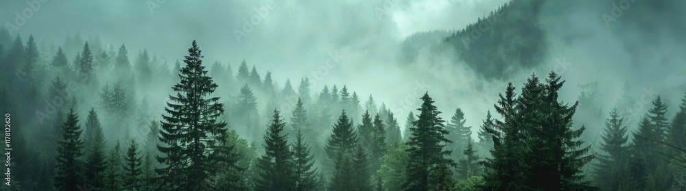 Fototapeta premium Amazing fog landscape in black forest panorama banner long