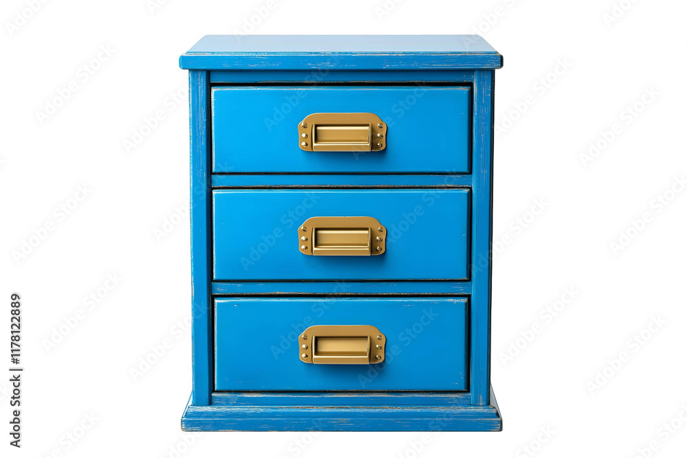 Blue Wooden Chest: Three Drawers, Gold Handles, Transparent Background Blue Wooden Chest: Three Drawers, Gold Handles, Transparent Background