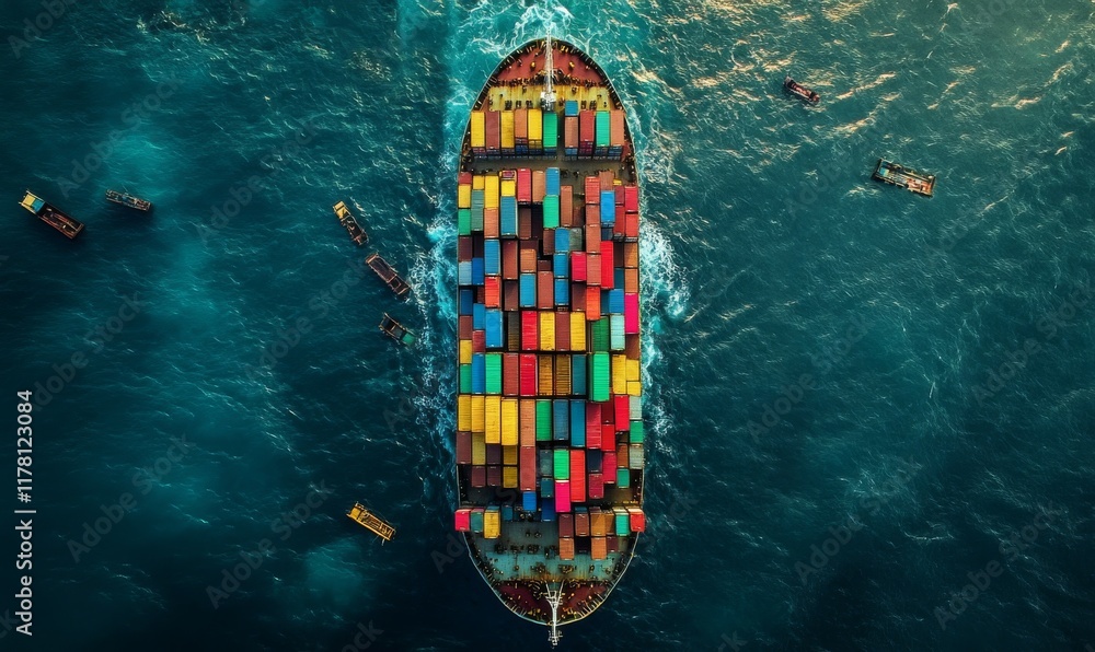 Aerial View of a Fully Laden Cargo Ship with Colorful Containers at Sea Aerial View of a Fully Laden Cargo Ship with Colorful Containers at Sea