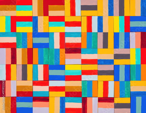 A painted collage; a grid of random squares