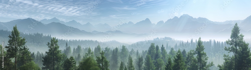 Fototapeta premium Amazing fog landscape in black forest panorama banner long