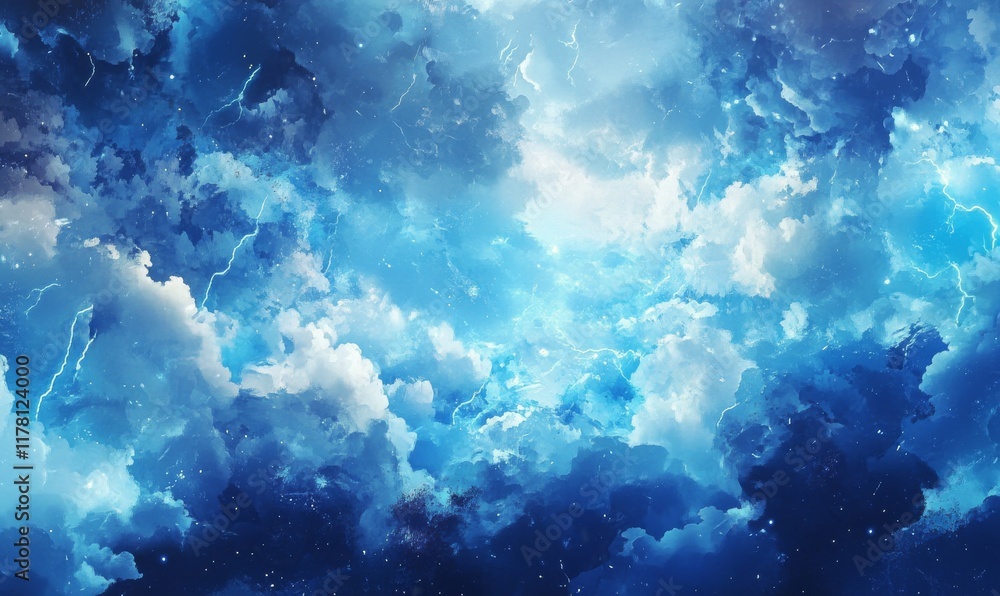 Blue sky with lightning bolts in the background. The sky is filled with blue and white colors Blue sky with lightning bolts in the background. The sky is filled with blue and white colors