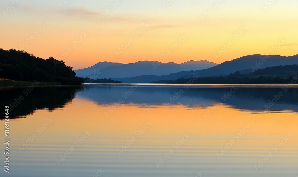 A tranquil image of a sunset reflecting on the still water of a lake, with majestic mountains in the distance. A tranquil image of a sunset reflecting on the still water of a lake, with majestic mountains in the distance.
