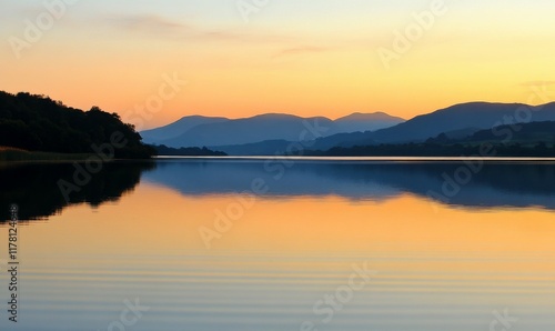 Wallpaper Mural A tranquil image of a sunset reflecting on the still water of a lake, with majestic mountains in the distance. Torontodigital.ca