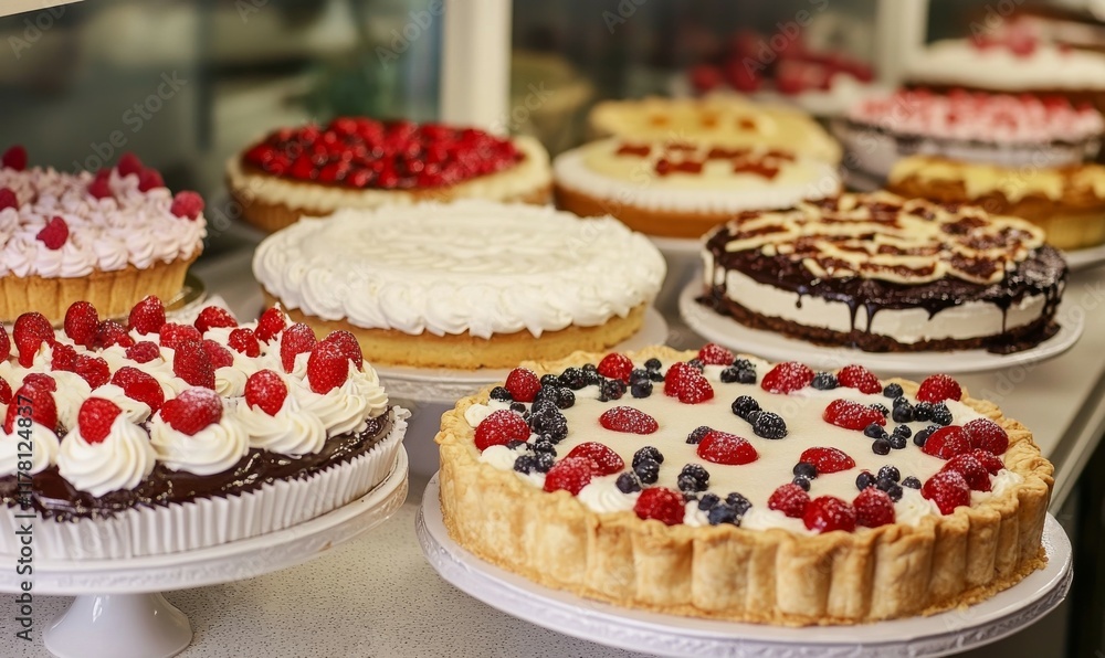 A variety of decorated cakes and pies on a counter top. A variety of decorated cakes and pies on a counter top.