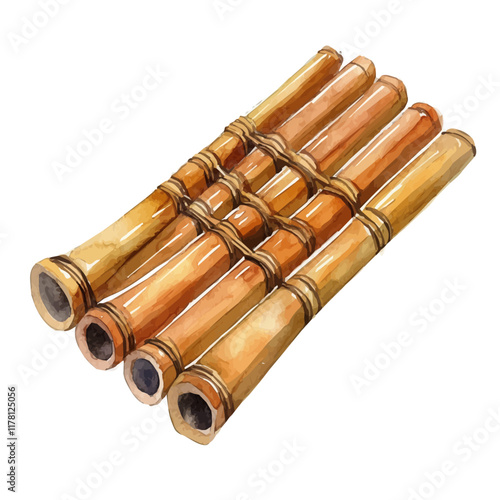 A watercolor painting of a pan flute, isolated on a white background. Musical instrument vector.
