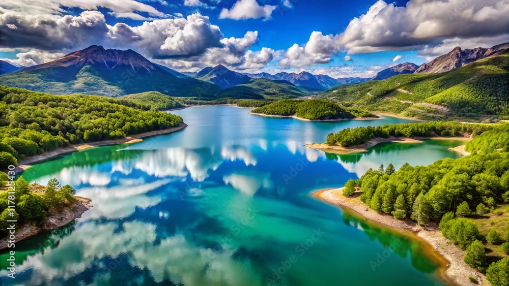 Obraz premium Stunning Aerial Drone View: Turquoise Lake Yesa, Spanish Mountains