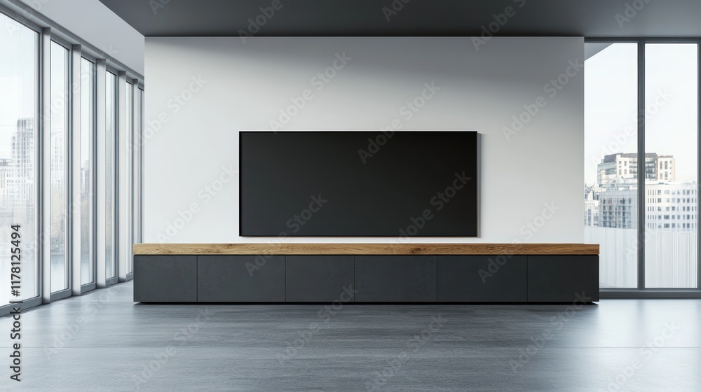 Modern living room with large TV on wall. Modern living room with large TV on wall.