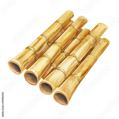 A watercolor painting of a pan flute, isolated on a white background. Musical instrument vector.
