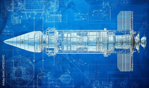 Fototapeta Naklejka Na Ścianę i Meble -  Aerospace engineering blueprint of a satellite