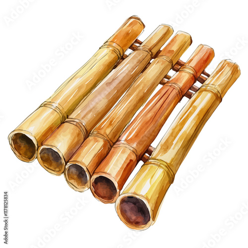 A watercolor painting of a pan flute, isolated on a white background. Musical instrument vector.
