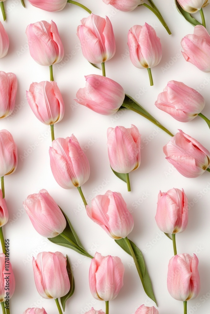 A close-up view of a bunch of pink tulips arranged on a white surface A close-up view of a bunch of pink tulips arranged on a white surface