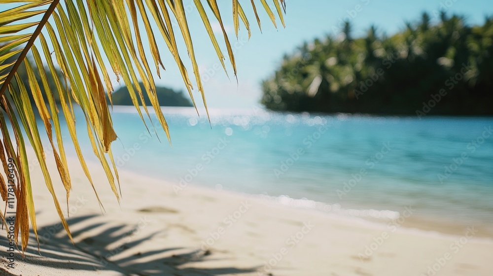 Naklejka premium Coastline scene with palm tree and calm waters