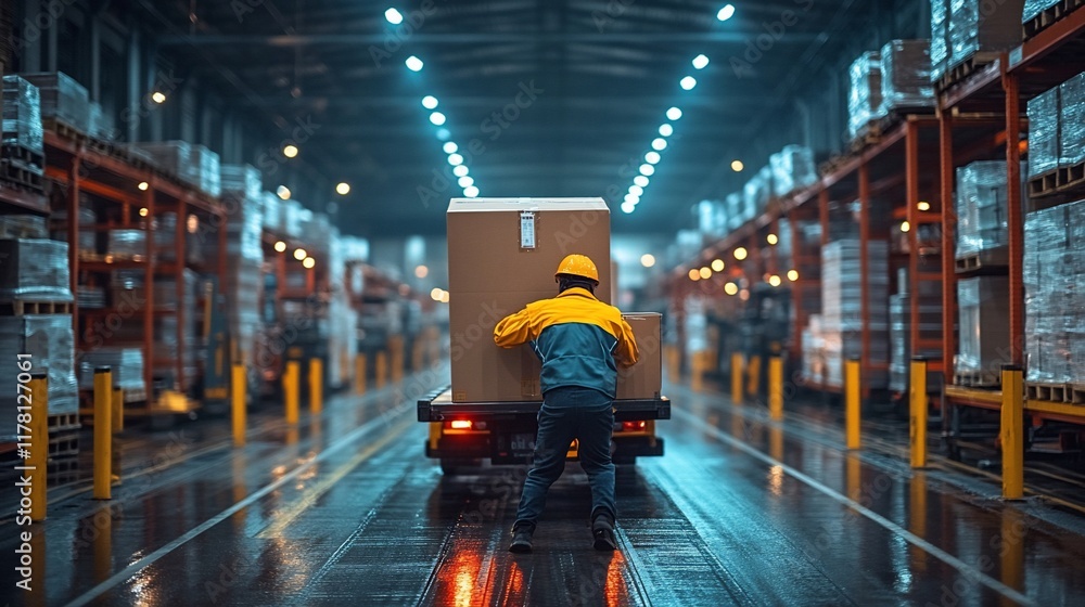 Obraz premium Worker pushing heavy boxes on a warehouse cart