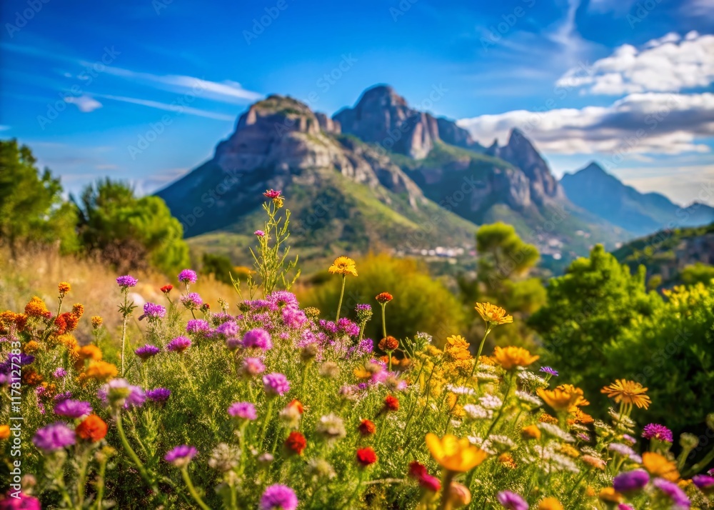 Fototapeta premium Stunning Costa Blanca Mountain Panorama with Vibrant Wildflowers near Benidorm, Alicante, Spain