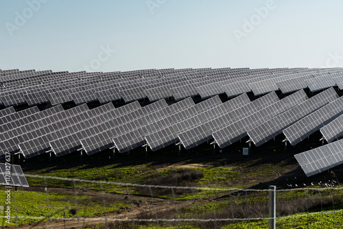 Solar panels in green field photo