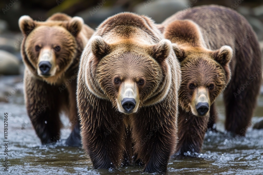 Obraz premium A group of brown bears making their way across a river
