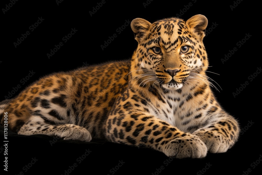 Naklejka premium A relaxed leopard reclining on a dark surface