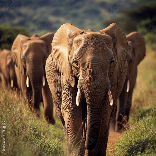 Elephants roaming freely in a lush green field photo