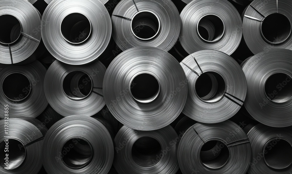 An extensive collection of thick steel coils, indicating a significant industrial production facility. An extensive collection of thick steel coils, indicating a significant industrial production facility.