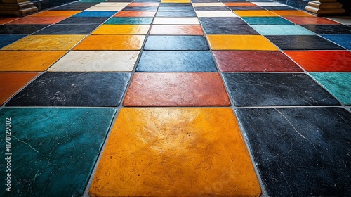 Colorful checkered floor tiles in geometric pattern