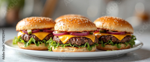 Delicious gourmet burgers with sesame seed buns, crisp lettuce, melted cheese, and red onions on a clean white plate, evoking a joyful and appetizing atmosphere photo