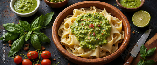 Delicious homemade pasta topped with vibrant green pesto sauce and garnished with fresh basil leaves and cherry tomatoes on a rustic wooden table photo