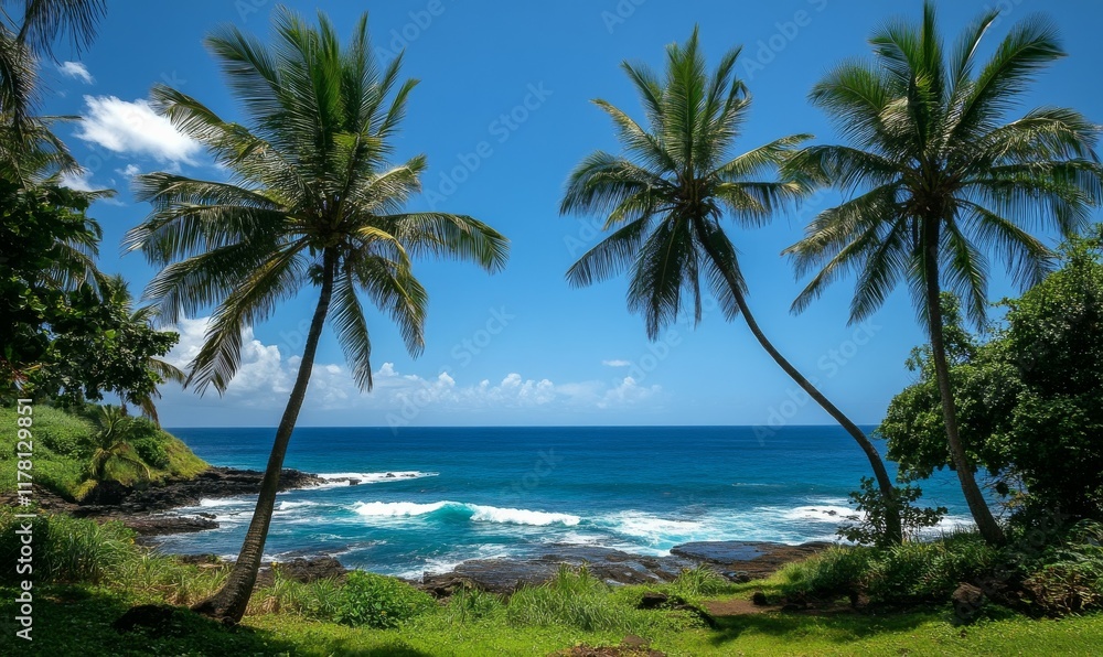 Fototapeta premium Beach scene with palm trees and a blue ocean. The palm trees are in the foreground and the ocean is in the background.