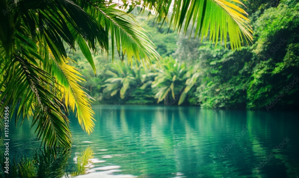 Beautiful tropical forest with a calm body of water in the background. Beautiful tropical forest with a calm body of water in the background.
