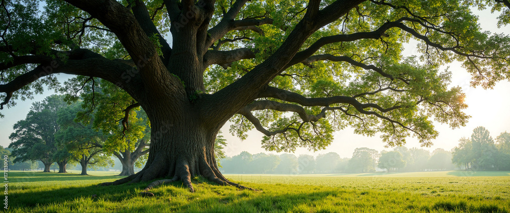 Ancient Oak Trees basking in the warm morning light showcasing their sprawling branches and vibrant green leaves in a serene meadow surrounded by distant trees Ancient Oak Trees basking in the warm morning light showcasing their sprawling branches and vibrant green leaves in a serene meadow surrounded by distant trees