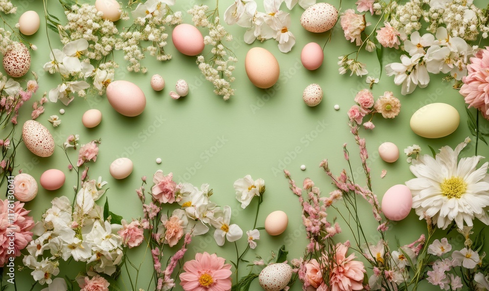 Fototapeta premium Beautiful green background with pink and white flowers and a variety of eggs scattered around them.