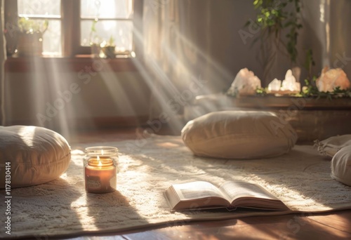 Relaxing environment with plush cushions, lit candle, and open book on soft rug. Sunlight pours in, creating a tranquil setting for reading or meditation in a nature-inspired space.