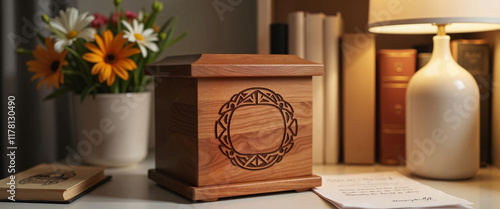 Wooden urn with Celtic design on cozy home desk